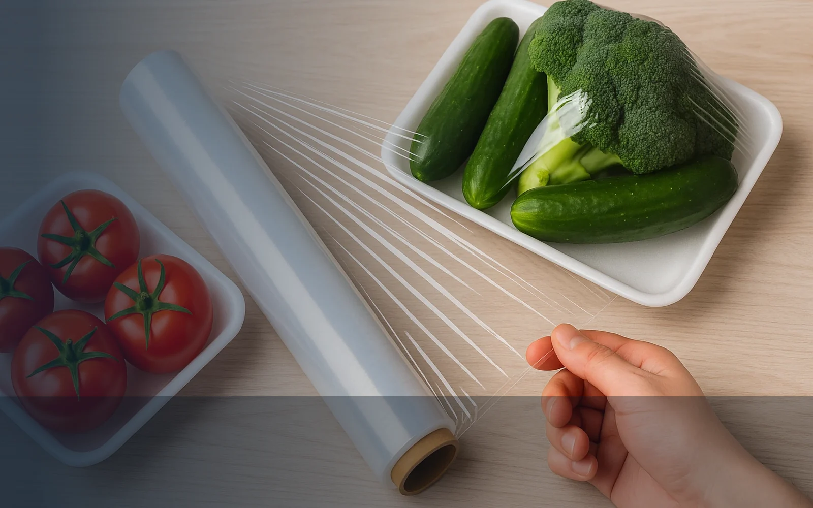 Película transparente para envolver frutas y verduras en empaque alimentario