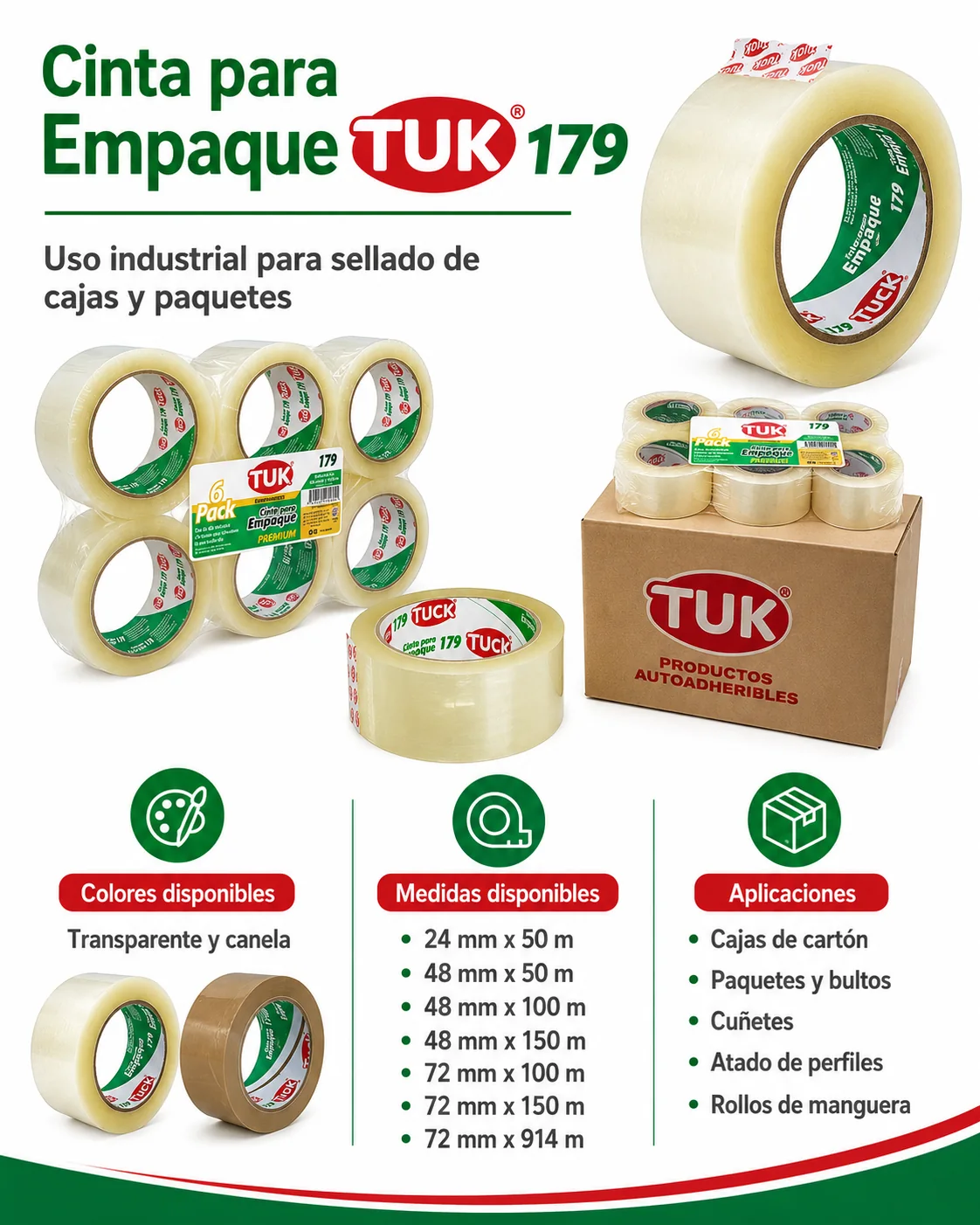 Infografía de colores, medidas y aplicaciones de la cinta para empaque TUK 179